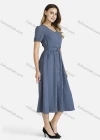 Wholesale Women's V Neck Button Front Belted Plain Midi Dress - Liuhuamall