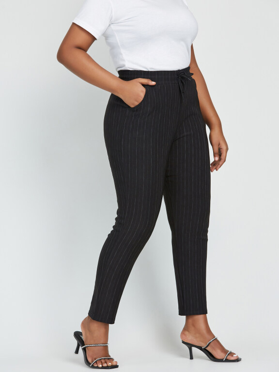 Women's Plus Size High Waist Striped Slim Fit Ankle Length Trousers With Drawstring, Clothing Wholesale Market -LIUHUA, WOMEN, Pants-Trousers