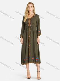 Wholesale Women's Casual Vintage Embroidery Long Sleeve Tie Front Midi Dress, LIUHUA CLOTHING WHOLESALE