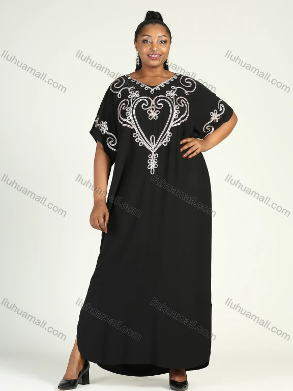 Wholesale Women's African Plus Size Vintage Round Neck Robe Batwing Sleeve Floral Embroidery Plain Kaftan Dress