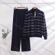 Wholesale Women's Casual Striped Zip-Up Stand Collar Knit Cardigan and Wide Leg Pants Set #1456 Dark Blue Clothing Wholesale Market Liuhua