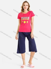 Wholesale Women's Lounge Letters Cartoon Graphic T-shirt & Plain Capris Pants Two-Piece Homewear Sets, LIUHUA CLOTHING WHOLESALE