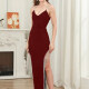 Women's Elegant Spaghetti Strap Side Slit Fringe Trim Maxi Evening Dress T1857# Clothing Wholesale Market -LIUHUA