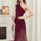 Women's Elegant Asymmetrical Neck Tassel Maxi Evening Dress T1851# Clothing Wholesale Market -LIUHUA