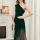 Women's Elegant Asymmetrical Neck Tassel Maxi Evening Dress Black Clothing Wholesale Market -LIUHUA