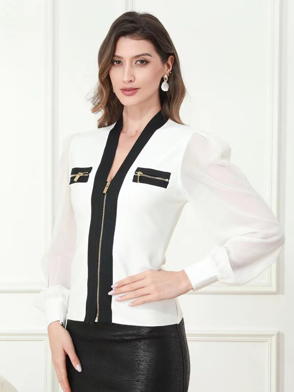 Women's Causal V Neck Long Sleeve Zip Decor Colorblock Jacket, Clothing Wholesale Market -LIUHUA, WOMEN, Outerwears