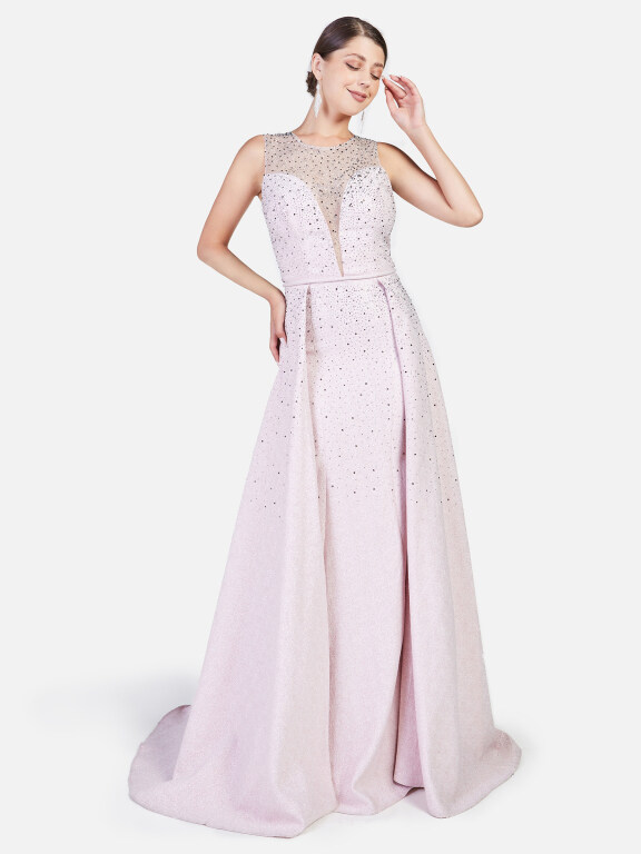Women's Elegant Semi-sheer Deep V Rhinestone Glitter Floor Length Evening Dress, LIUHUA Clothing Online Wholesale Market, All Categories