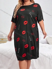 Wholesale Women's Milk Silk Letter Lip Print Short Sleeve Crew Neck Lounge Midi Nightdress DM1308-05#, LIUHUA CLOTHING WHOLESALE