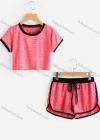 Wholesale Women's Casual Crew Neck Contrast Crop Top & Drawstring Elastic Waist Hot Shorts Set - Liuhuamall