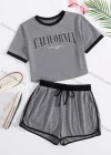 Wholesale Women's Casual Crew Neck Contrast Crop Top & Drawstring Elastic Waist Hot Shorts Set - Liuhuamall