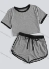 Wholesale Women's Casual Crew Neck Contrast Crop Top & Drawstring Elastic Waist Hot Shorts Set - Liuhuamall