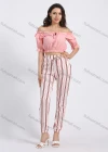 Wholesale Women's Elastic Waist Striped Print Drawstring Slant Pocket Slim Fit Jogger Pant - Liuhuamall