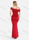 Wholesale Women's Elegant Plain Off Shoulder Zip Back Ruffle Trim Split Hem Bodycon Maxi Evening Dress - Liuhuamall