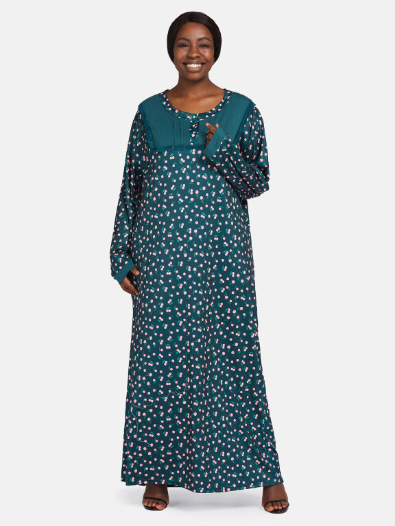 Women's Vintage Long Sleeve Drop Shoulder Allover Print Lace Trim Pleated Button Front Maxi Nightgown 1478-237910#, Clothing Wholesale Market -LIUHUA, WOMEN, Sleepwear