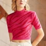 Wholesale Women's Casual Mock Neck Short Sleeve Tiger Print Crop Knit Top preview
