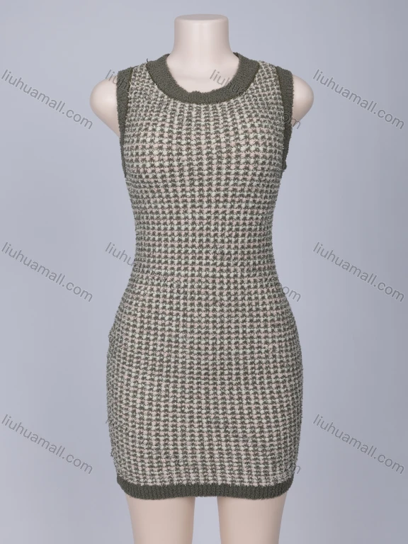 Wholesale Women's Casual Crew Neck Contrast High Waist Houndstooth Tank Short Dress YSD5#