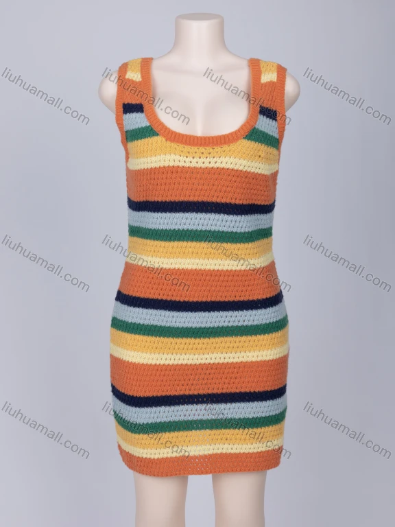 Wholesale Women's Casual Scoop Neck Rainbow Striped High Waist Knit Tank Short Dress 60950#