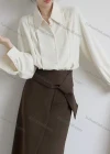 Wholesale Women's Casual Collared Shirt Sleeve Ruched Button Down Plain Shirt 783803# - Liuhuamall
