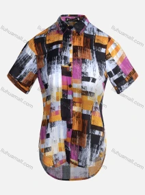 Wholesale Women's Vintage Short Sleeve ColorBlock Button Down Shirt 23055#, LIUHUA CLOTHING WHOLESALE