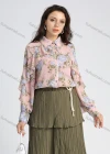 Wholesale Women's Chiffon Collared Allover Floral Print Long Sleeve Button Down Ruffle Trim Blouse - Liuhuamall