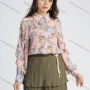 Wholesale Women's Chiffon Collared Allover Floral Print Long Sleeve Button Down Ruffle Trim Blouse preview
