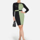 Women's Elegant Colorblock Round Neck Long Sleeve Contrast Color Rhinestone Pencil Short Dress C649# Clothing Wholesale Market -LIUHUA