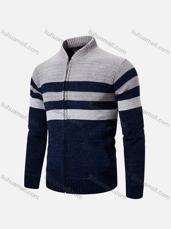 Wholesale Men's Casual Long Sleeve Full Zip Colorblock Chunky Knit Jackets