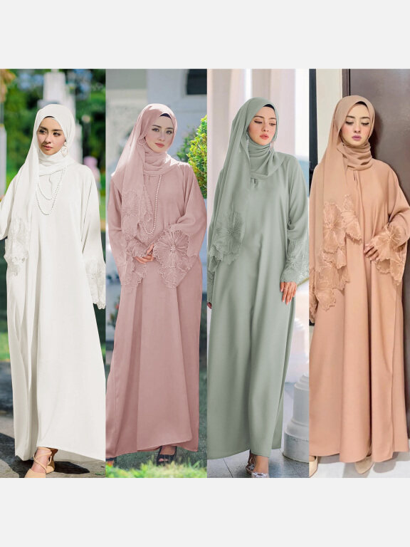Women's Elegant Islamic Muslim Plain Long Sleeve Splicing Lace Robe Abaya Dress With Hijab, Clothing Wholesale Market -LIUHUA, SPECIALTY