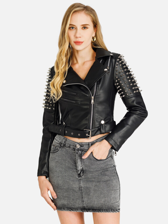 Women Faux Leather Jacket Moto Studded Rivet Trendy Crop Punk Belted Biker Jacket, Clothing Wholesale Market -LIUHUA, Jackets