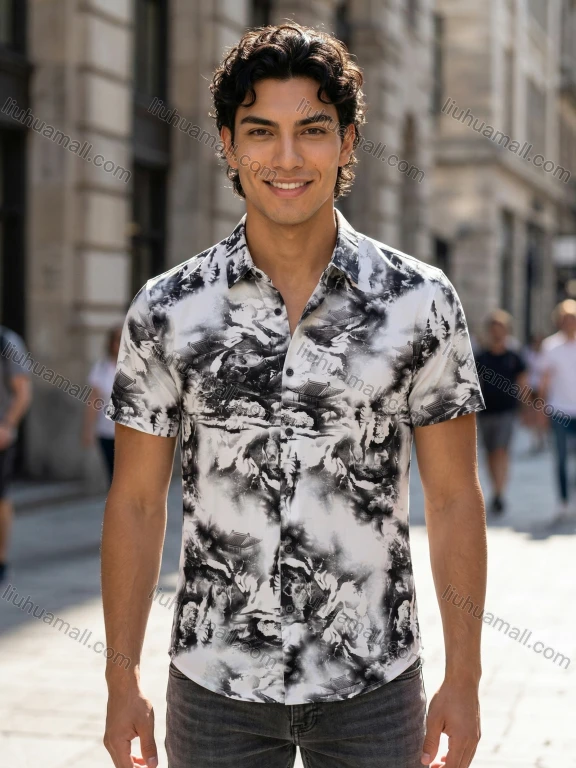 Wholesale 2026 New Men's Slim Fit Short Sleeve Shirt - Wholesale In Stock Traditional Chinese Ink Wash Landscape Temple Print Casu
