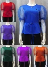 Wholesale Women's Round Neck Leg of Mutton Mesh Sleeve Splicing Plain Metal Decor Blouse With Belt - Liuhuamall
