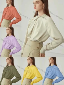 Wholesale Women's Elegant Long Sleeve Crew Neck Ruched Plain Blouse, LIUHUA CLOTHING WHOLESALE