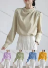 Wholesale Women's Casual Mock Neck Bishop Sleeve Ruched Plain Blouse - Liuhuamall