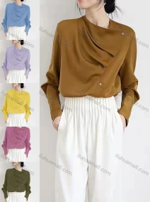 Wholesale Women's Casual Asymmetrical Neck Long Sleeve Button Down Plain Blouse, LIUHUA CLOTHING WHOLESALE