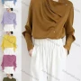 Wholesale Women's Casual Asymmetrical Neck Long Sleeve Button Down Plain Blouse preview