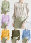 Wholesale Women's Casual Long Sleeve Wrap V Neck Ruched Plain Blouse - Liuhuamall