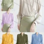 Wholesale Women's Casual Long Sleeve Wrap V Neck Ruched Plain Blouse preview