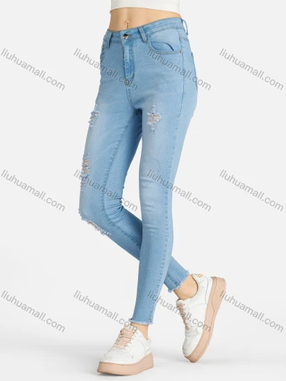 Wholesale Women's Casual Plain Ripped Frayed Raw Hem Pockets Skinny Fit Stretch Jean