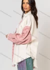 Wholesale Women's Casual Checkerboard Print Colorblock Knit Ripped Long Sleeve Patch Pocket Button Down Overshirt Jacket - Liuhuamall