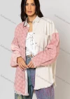 Wholesale Women's Casual Checkerboard Print Colorblock Knit Ripped Long Sleeve Patch Pocket Button Down Overshirt Jacket - Liuhuamall