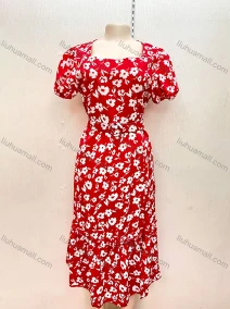 Wholesale Women's Casual Square Neck Neck Floral Print Belted Ruffle Hem Midi Dress With Belt, LIUHUA CLOTHING WHOLESALE