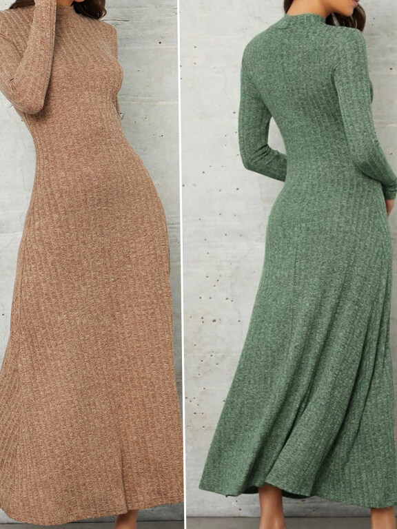 Women's Casual Plain Rib-knit Mock Neck Long Sleeve Maxi Sweater Dress, Clothing Wholesale Market -LIUHUA, 