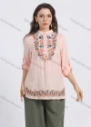 Wholesale Women's Stand Collar Floral Embroidery Button Front Long Sleeve Buckle Strap Cuff Blouse - Liuhuamall