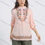 Wholesale Women's Stand Collar Floral Embroidery Button Front Long Sleeve Buckle Strap Cuff Blouse preview