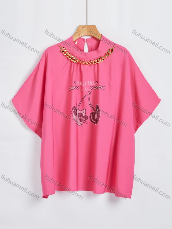 Wholesale Women's Casual Rhinestone Letter Graphic Metal Chain Decor Ruched Crew Neck Short Sleeve Blouse AB001#