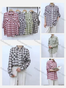 Wholesale Women's Collared Loose Fit Plaid Print Flap Pockets Long Sleeve Shirt 98921#, LIUHUA CLOTHING WHOLESALE