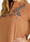 Wholesale Women's Casual Embroidered Button Front Stand Collar Long Sleeve Curved Hem Knee Length Dress - Liuhuamall
