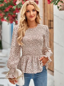 Wholesale Women's Casual Allover Print Round Neck Long Sleeve Shirred Ruffle Hem Blouse 8137#, LIUHUA CLOTHING WHOLESALE