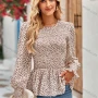 Wholesale Women's Casual Allover Print Round Neck Long Sleeve Shirred Ruffle Hem Blouse 8137# preview