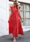 Wholesale Women's Casual Plain Notched Neck Ruched Ruffle Sleeve Maxi Dress - Liuhuamall